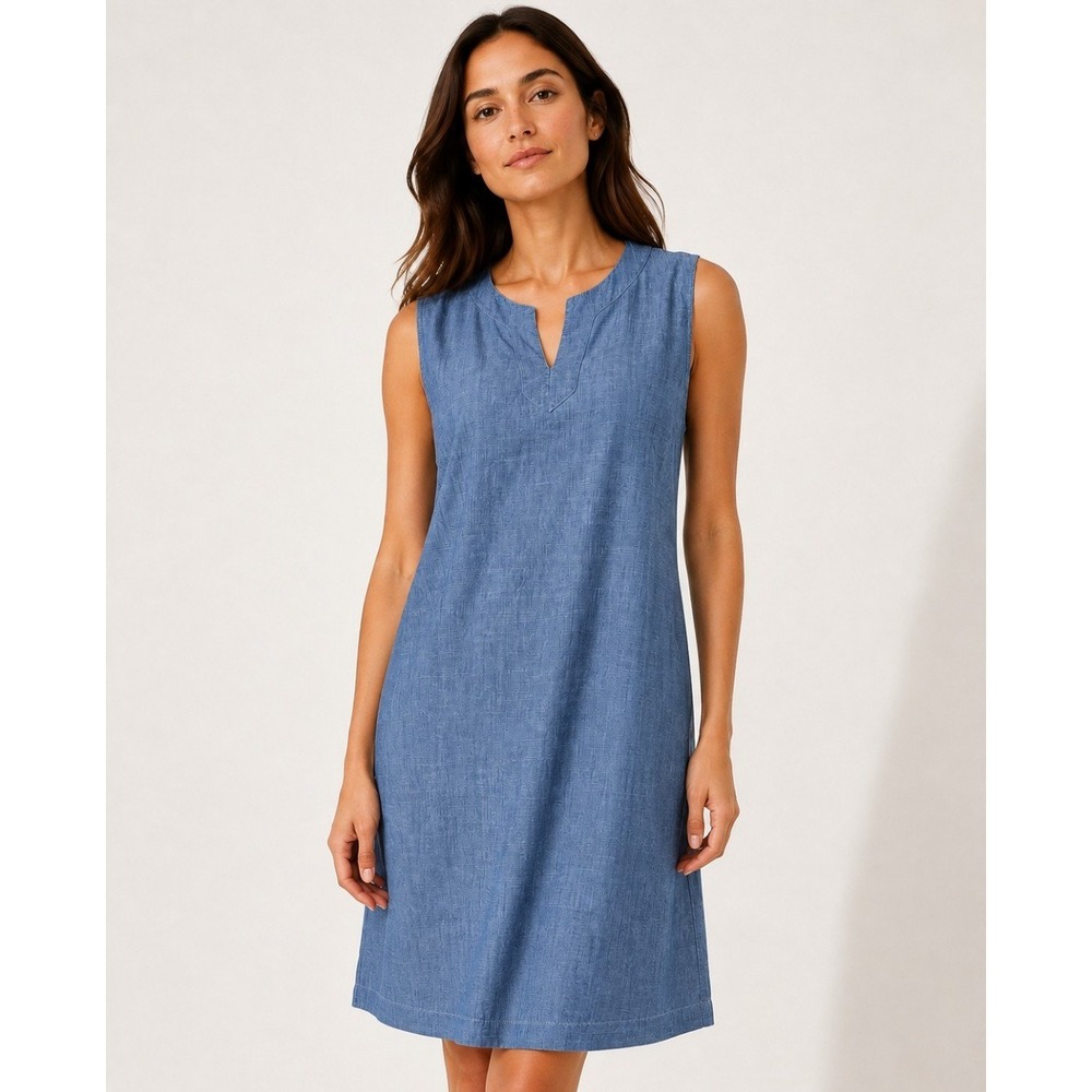 Talbots Shift Dress Womens 16P Blue Cotton Sleeveless Split Neck Chambray Look